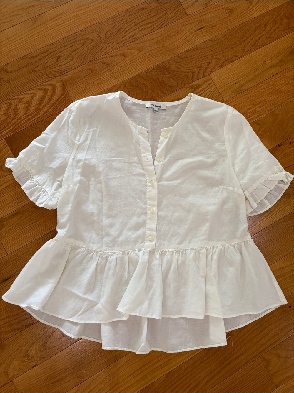 Madewell White Ruffle Peplum Button-Up Blouse